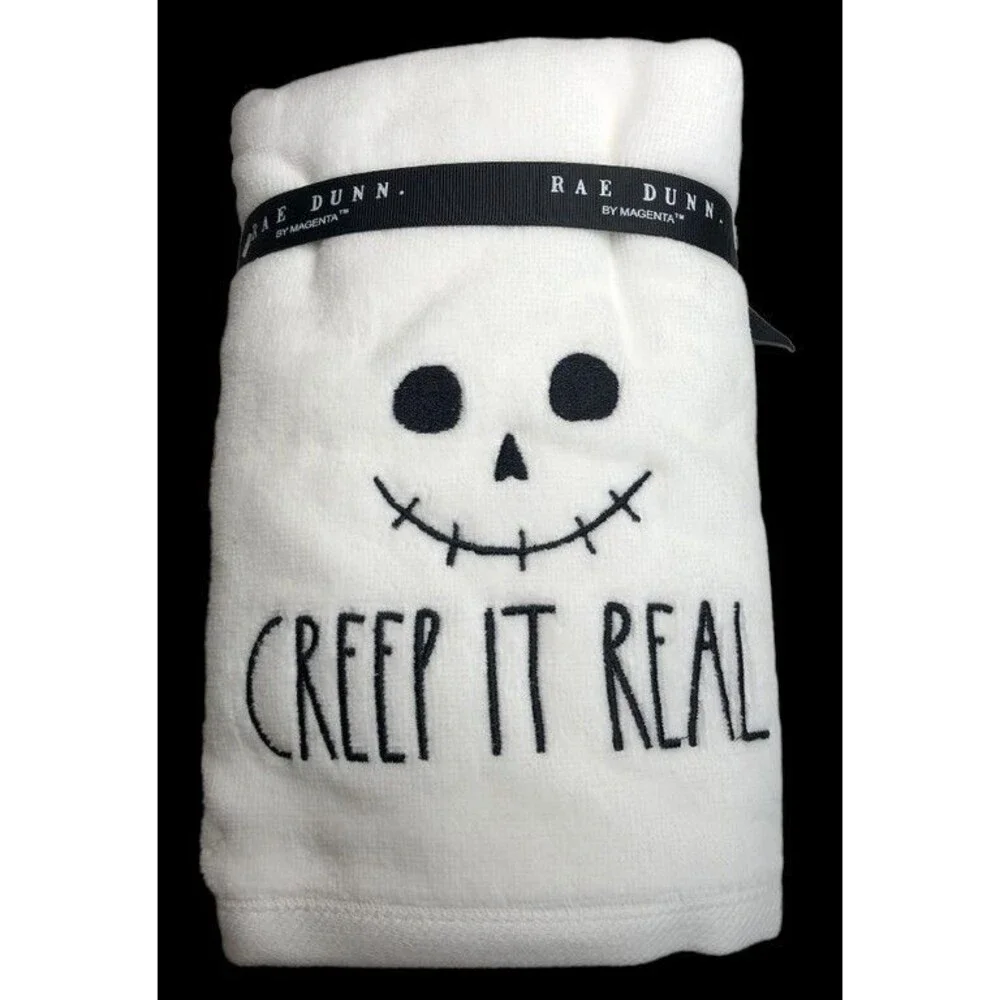 Rae Dunn Halloween Hand Towels Set of 2 Creep It Real Skull Embroidered White